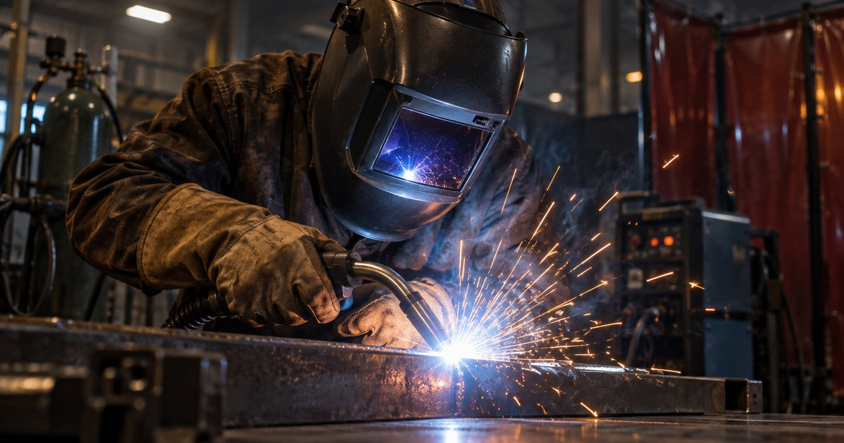 Professional welder wearing a black auto-darkening welding helmet with ADF lens reflecting the welding arc mid-MIG weld with vivid sparks and arc glow in a dim industrial welding bay with gas bottle and welding machine visible