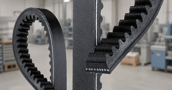 Two cogged raw edge V-belts showing trapezoidal cog profile and tensile cord line against a dark blurred industrial workshop background