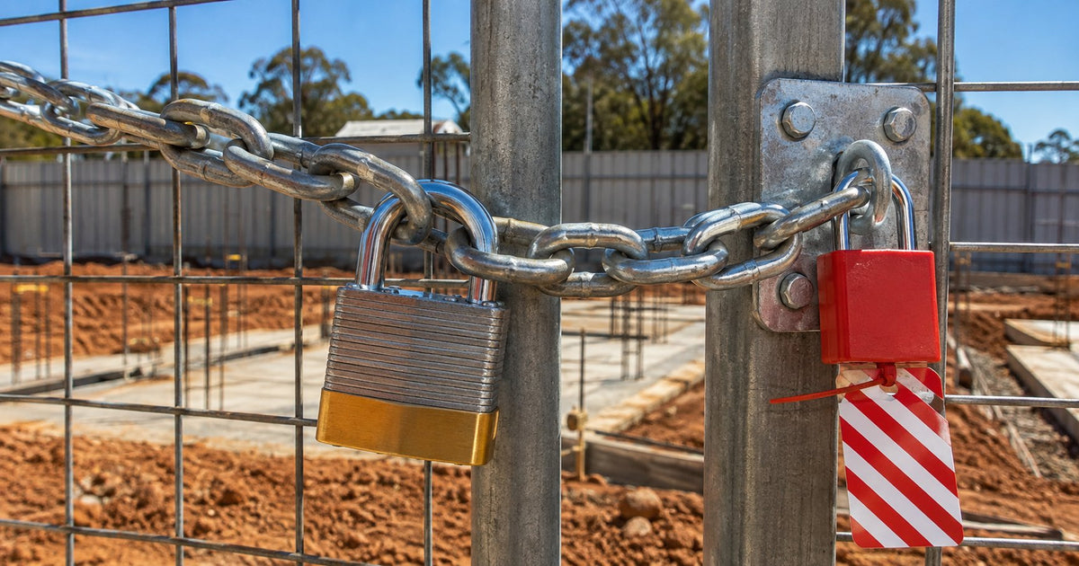 Laminated steel padlock securing a heavy galvanised chain on an Australian construction site mesh gate with a red LOTO safety padlock and diagonal-striped danger tag locked through a hasp plate on the gate post