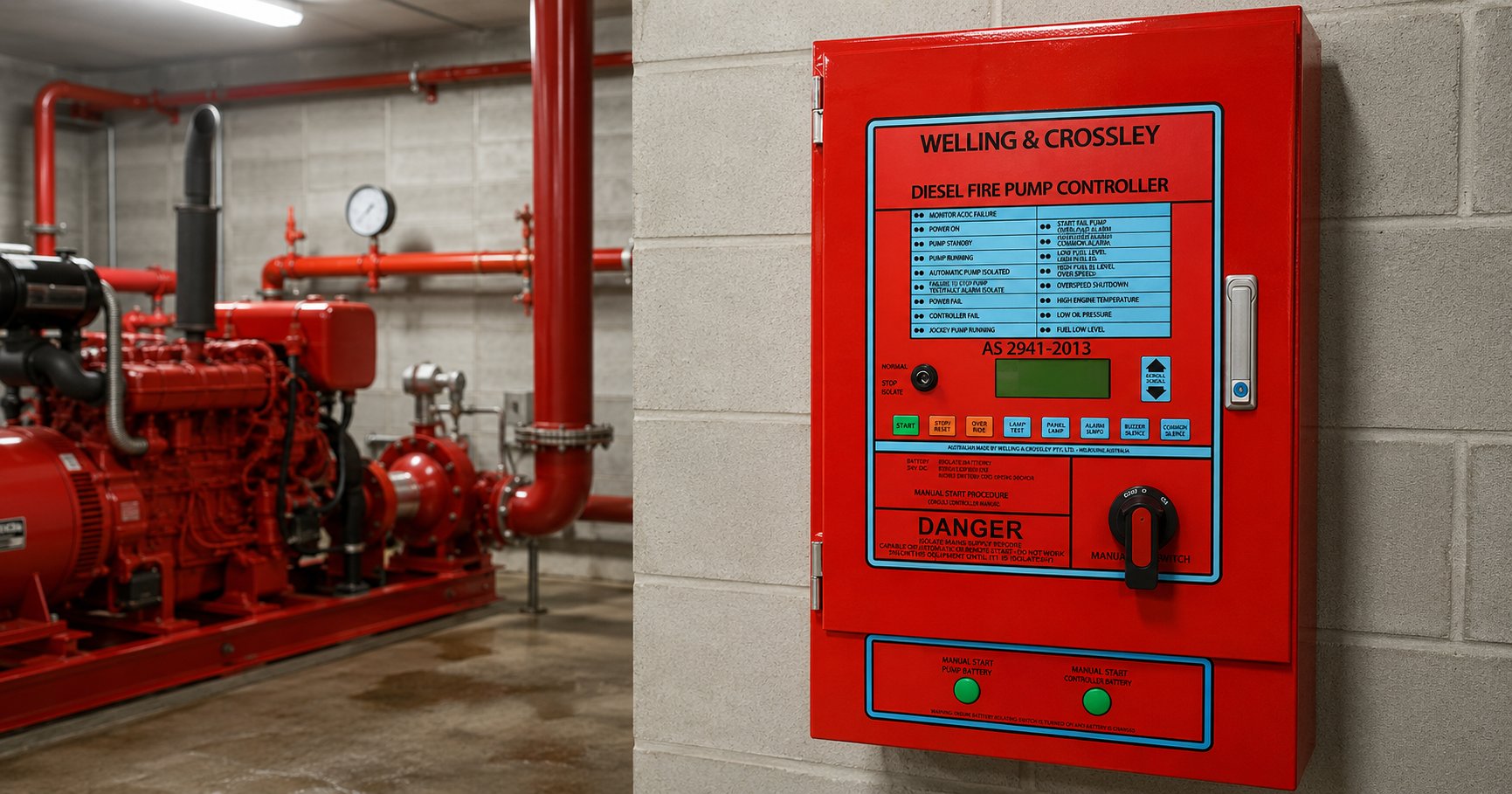 Welling and Crossley AS 2941-2013 diesel fire pump controller red panel mounted on a concrete block wall in an Australian fire pump plant room with red diesel fire pump set, fire-rated pipework and pressure gauge visible in the background