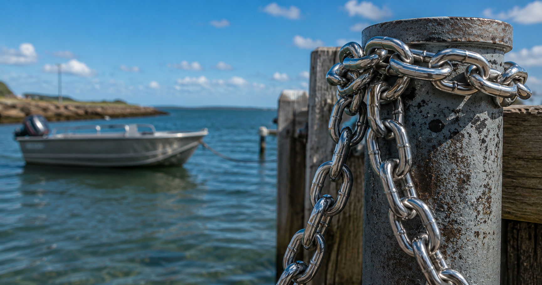 Stainless steel chain wrapped around a marina bollard