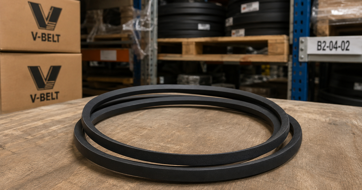Coiled V-belts stacked on a pallet in a warehouse