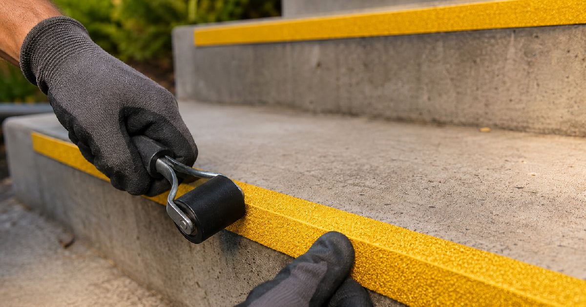 Industrial stair nosing and anti-slip tape on workplace steps showing AS 1428.1 compliance and P-rating for Australian workplace safety guide