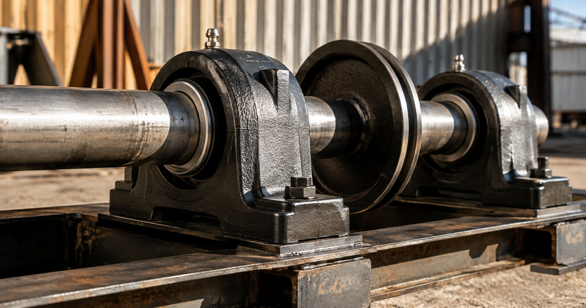 Two cast iron pillow block bearing housings with Zerk grease fittings supporting a steel shaft and flat-face pulley on a heavy steel base frame shot from a low angle at an Australian outdoor industrial site with corrugated iron shed in the background