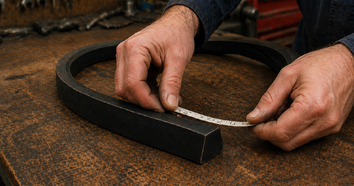 Technician measuring V-belt cross section and length for accurate replacement selection