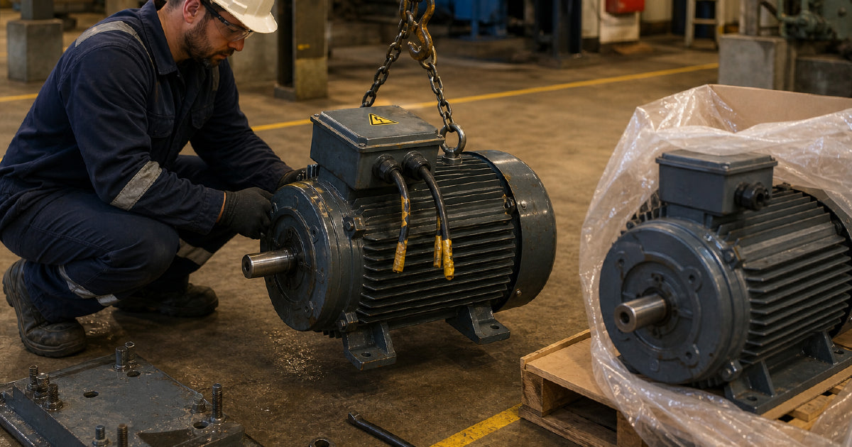 Three-phase induction electric motor with nameplate showing IP rating and kW output for industrial selection guide Australia