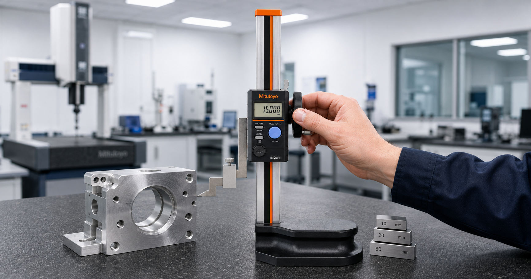 Inspector's hand adjusting a Mitutoyo ABSOLUTE Digimatic Height Gauge Series 570 on a black granite surface plate in a precision inspection laboratory with a machined steel workpiece and gauge block stack