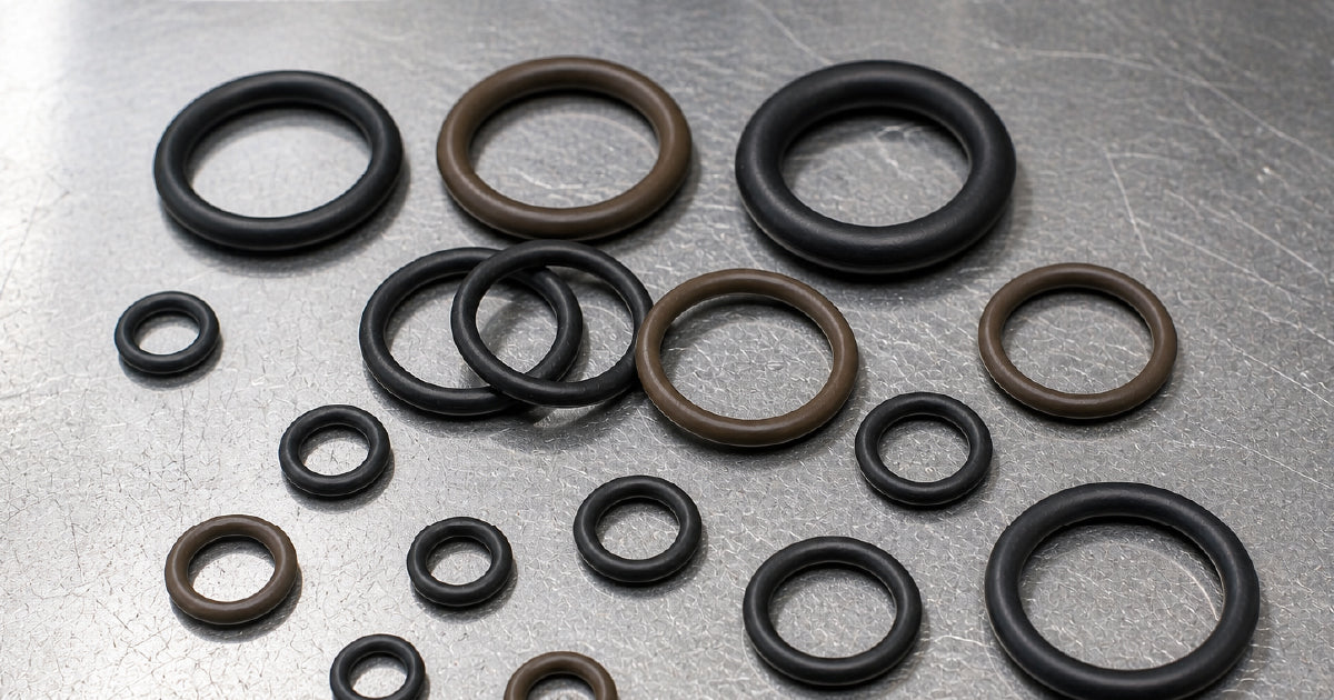 Assorted NBR Viton and EPDM o-rings in metric and imperial sizes showing ID and cross section for hydraulic and industrial sealing selection guide Australia
