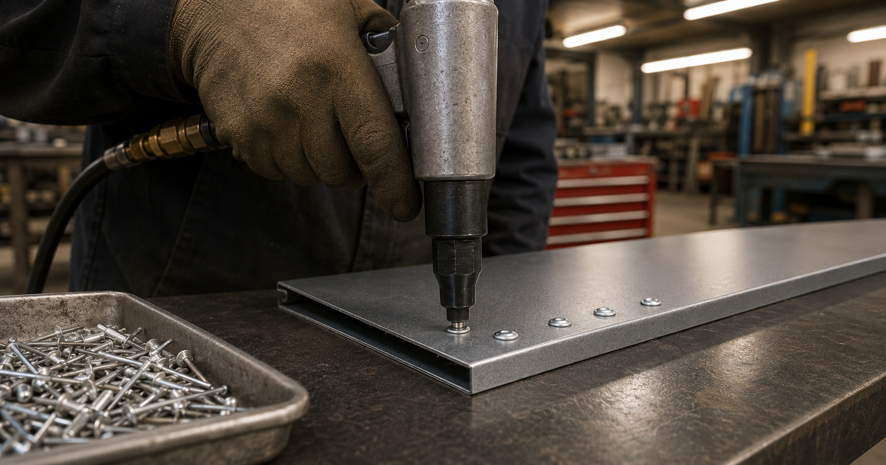 Tradesperson using a pneumatic pop rivet gun to set a blind rivet through overlapping steel sheet metal on a fabrication bench with completed dome-head rivets visible in a row