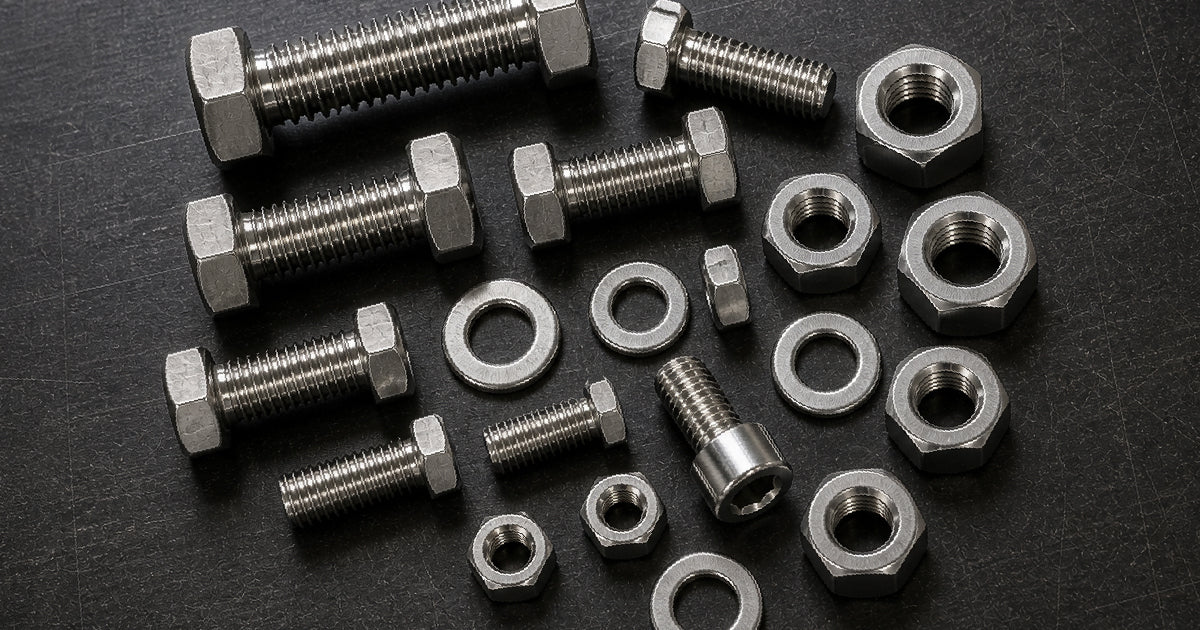Assorted stainless steel bolts nuts and washers showing A2-70 and A4-80 grade markings for corrosion resistant fastener selection guide