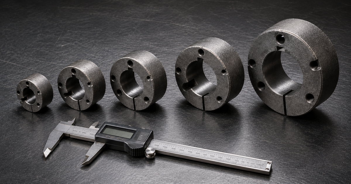 Five taper lock bushes from series 1008 to 5050 arranged by size on a workshop surface showing the keyway slot, flange split and threaded holes of each bush