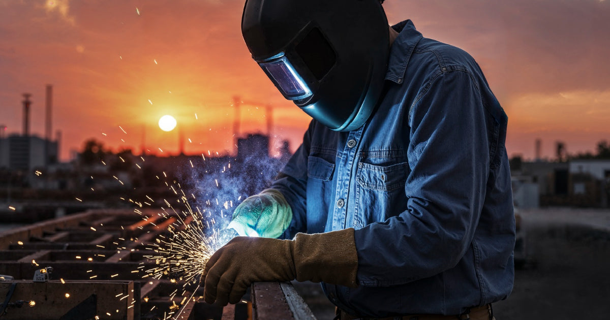 Welder wearing auto-darkening helmet during MIG welding showing AS/NZS 1337 compliant eye protection and shade filter selection