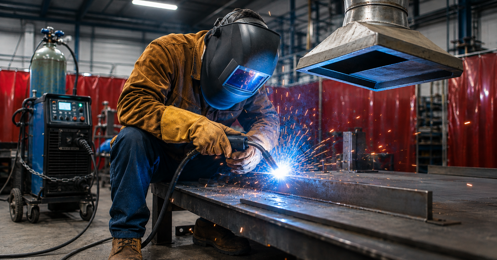 Welder in full PPE welding a steel workpiece