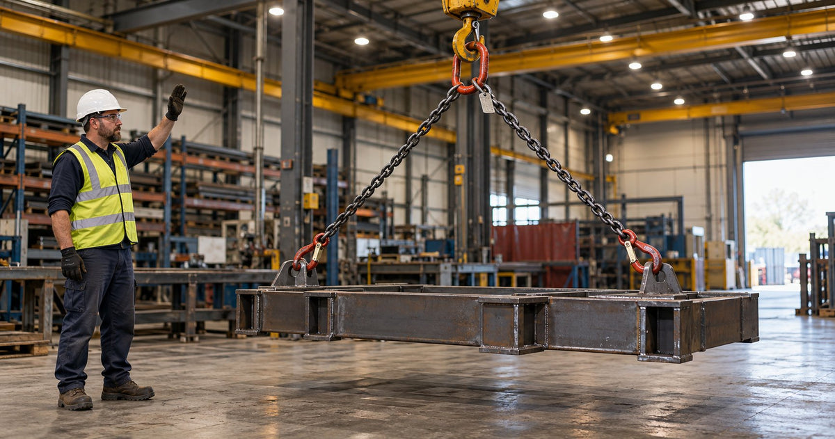 A 2-leg Grade 80 chain sling lifting a heavy steel fabricated load from a workshop floor with a licensed dogger directing the lift showing correct sling angle and WLL tag on the master link