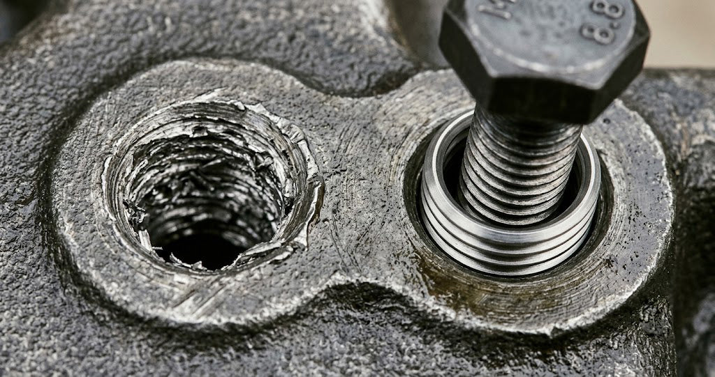 Before and after comparison of a stripped thread hole in a dark steel casting — left showing completely sheared and collapsed thread crests, right showing a clean repaired thread with sharp even helical profile after thread insert repair