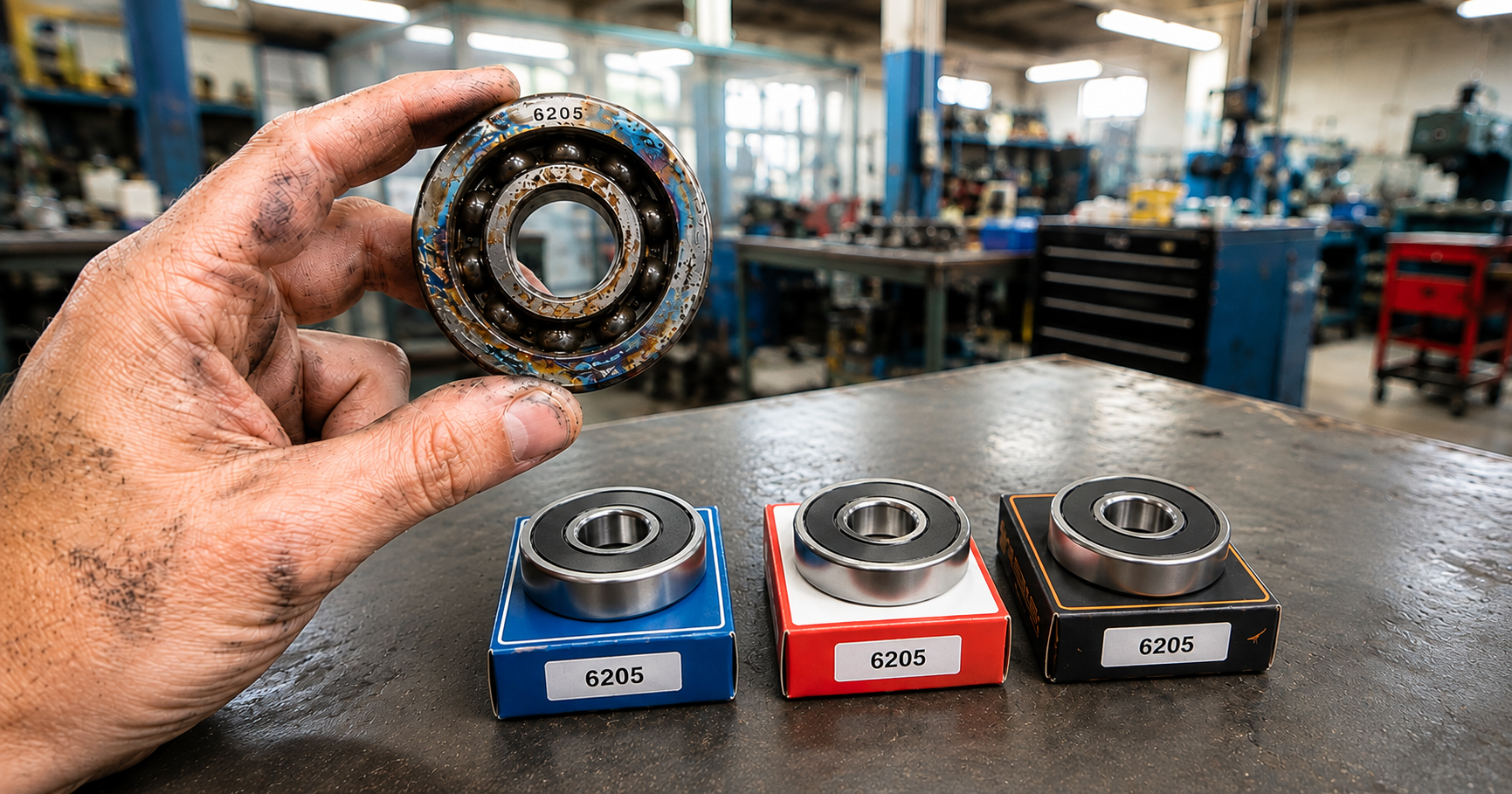 Maintenance technician's hand holding a failed corroded deep groove ball bearing beside three new equivalent replacement bearings in different brand packaging on a workshop bench showing the cross-reference process