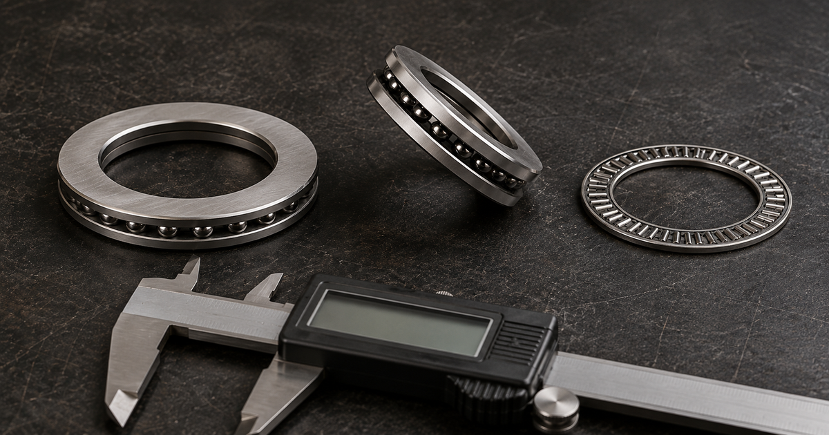 Three thrust bearings on a workshop bench — a single-direction thrust ball bearing flat, the same bearing tilted to show the shaft washer, ball cage and housing washer cross-section, and a thin thrust needle roller bearing cage
