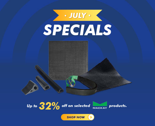 Promotional graphic for Mackay products featuring a black textured mat, black hose, and black fittings on a blue background with 'JULY SPECIALS' and 'Up to 32% off on selected MACKAY products. SHOP NOW' text.