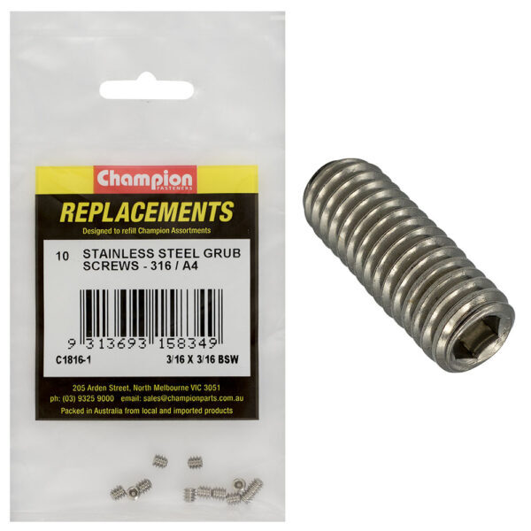 Champion C1816-1 3/16 x 3/16" BSW Stainless Grub Screw - 10/Pack
