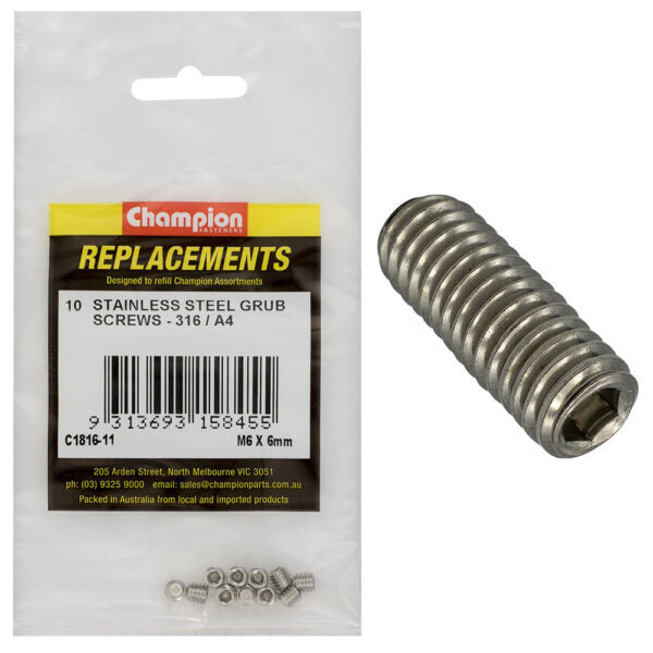Champion C1816-11 M6 x 6mm Stainless Grub Screw - 10/Pack
