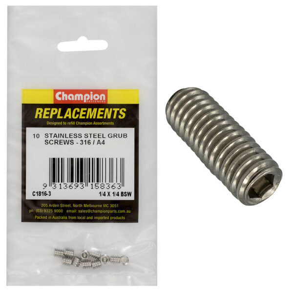 Champion C1816-3 1/4 x 1/4" BSW Stainless Grub Screw - 10/Pack
