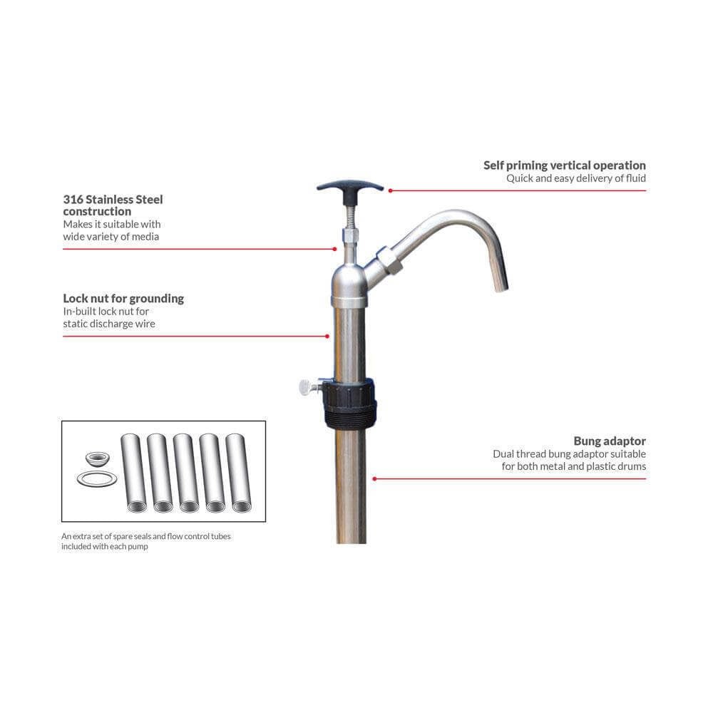 Lubemate Stainless Steel Hand Pump (50L - 200L Drum) L-SSHP2