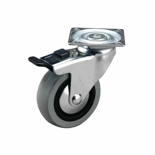 100mm Swivel Plate Castor with Brake - Rubber Wheel Grey G1