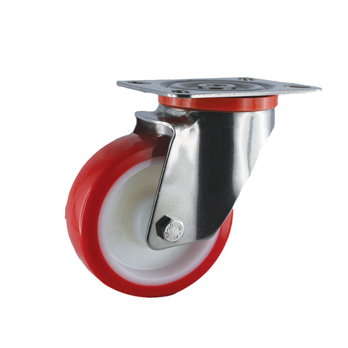 100mm Stainless Steel Swivel Plate Castor - Nylon Wheel Red S5