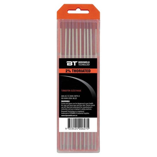 Bossweld 2% Thoriated Tungsten Electrodes 1.6 x 178mm - Box of 20 (2 Packs of 10)