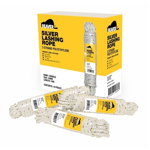 Beaver Silver Lashing Rope 3-Strand Polyethylene-10mm x 12m 9.3kN MBF - Boxes of 30 (3 Cartons of 10Hanks)