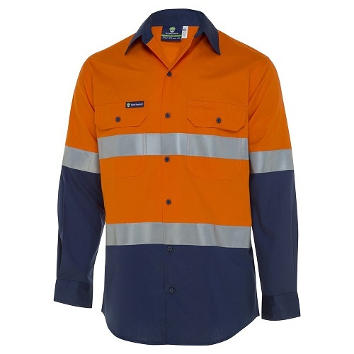 WS Workwear Mens Hi-Vis Button-Up Shirt, AdjCuffs Orange/Navy - Med