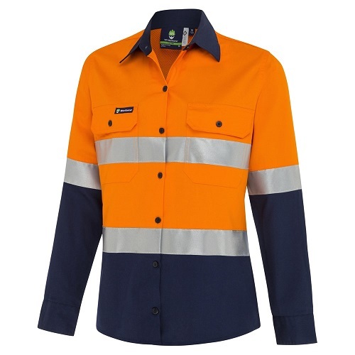 WS Workwear Koolflow Womens Hi-Vis Button-Up Shirt, Orange/Navy -Size 14