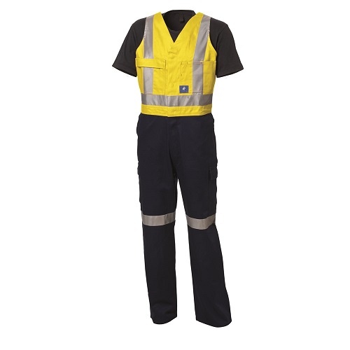 Mens Action-Back Drill Overall W/ Reflective Tape Yellow/Navy, 82 Regular