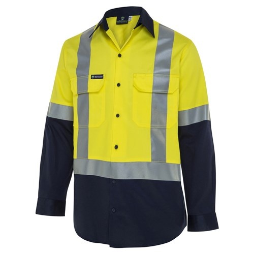 Mens Hi-Vis Button-Up Shirt W/ H-Reflective Tape Yellow/Navy, Med