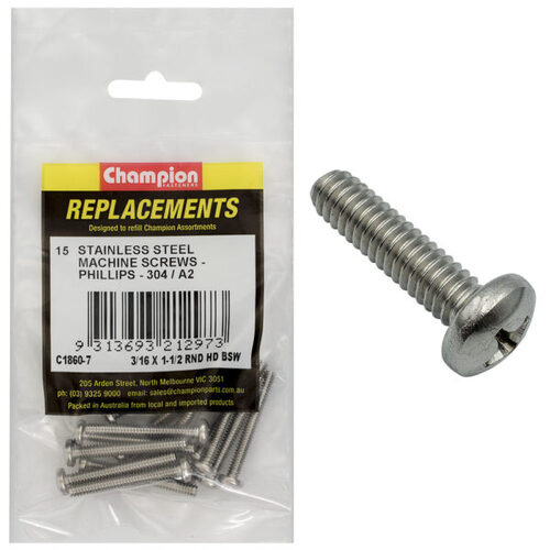 Champion C1860-7 Round Head Machine Screw 3/16 x 1-1/2" Stainless - 15/Pack