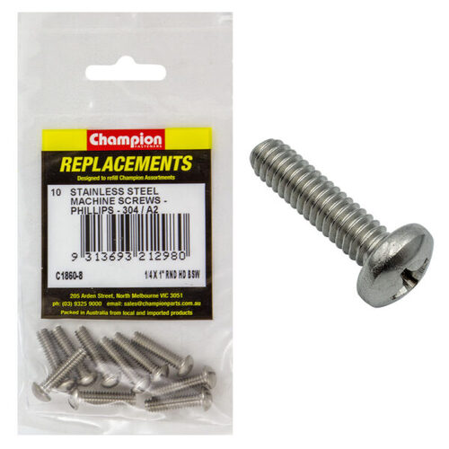 Champion C1860-8 Round Head Machine Screw 1/4 x 1" Stainless - 10/Pack