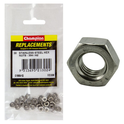 Champion C1860-12 Stainless Steel Hex Nut 5/32" - 30/Pack