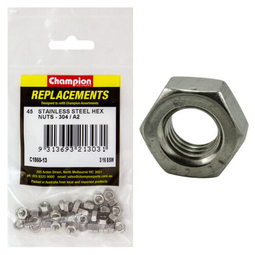 Champion C1860-13 Stainless Steel Hex Nut 3/16" - 45/Pack