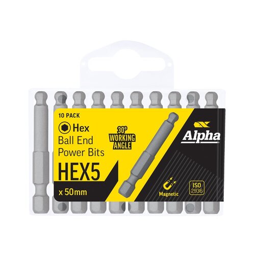 Alpha H5 x 50mm Hex Ball End Power Bit - Handipack 10/Pack