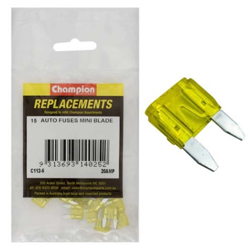 Champion C112-6 Auto Mini Blade Fuse 20 Amp - 15/Pack