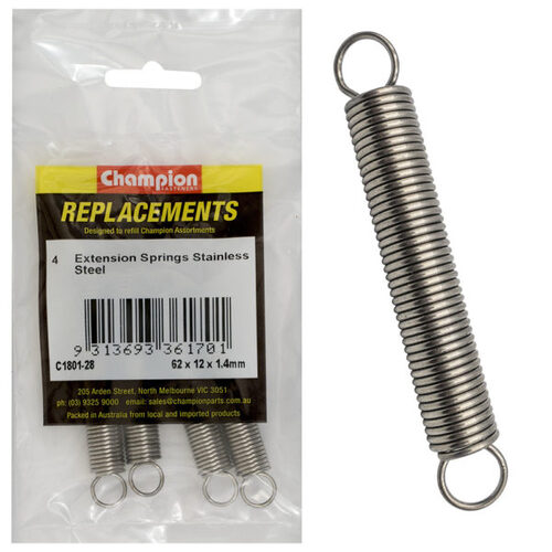 Champion C1801-28 Extension Spring 62 x 12 x 1.4mm - 316/A4/A4 - 4/Pack