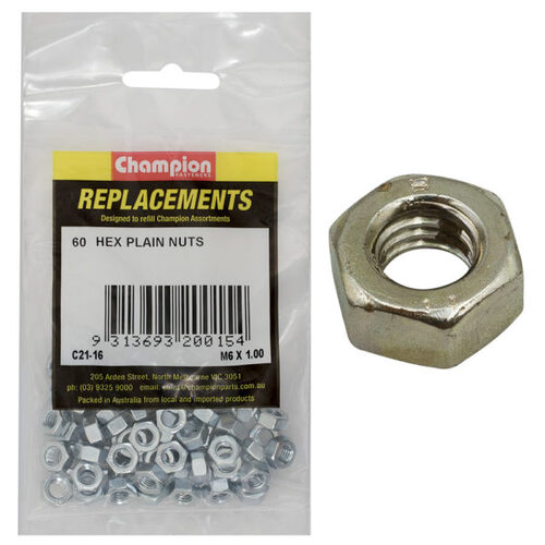 Champion C21-16 Hex Plain Nut M6 x 1.00mm High Tensile Zinc - 60/Pack