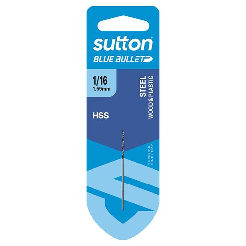 Sutton 1/16" x 43mm HSS Blue Bullet Jobber Drill Bit Carded - D102H0159
