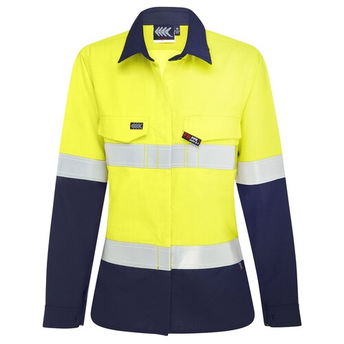 Boomerang Women Hi-Vis FR Button-Up Shirt W/ Reflective Tape PPE1 Lime/Navy, Size 10