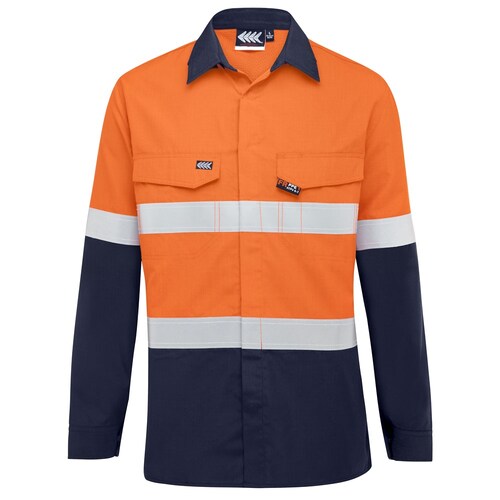 Boomerang Mens Hi-Vis FR Button-Up Shirt W/ Reflective Tape PPE1 Orange/Navy 3XL