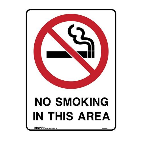 Brady Sign - No Smoking In This Area 450 x 600mm Metal