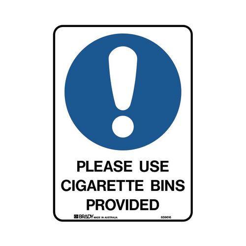 Brady Smoking Area Sign - Please Use Cigarette Bins Provided 450 x 300mm Metal