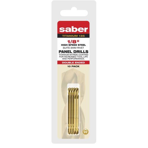 Saber 1/8" TiN Coated HSS Double Ended Panel Drill Bit Clam - 10/Pack