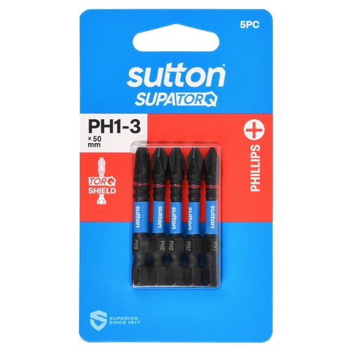 Sutton S200S05B03 PH1-3 x 50mm Phillips Screwdriver Bit Set S200 Supatorq, 5 Pcs