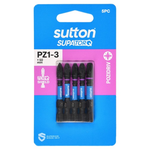 Sutton S202S05B03 PZ1-3 x 50mm Pozidriv Screwdriver Bit Set S202 Supatorq, 5 Pcs